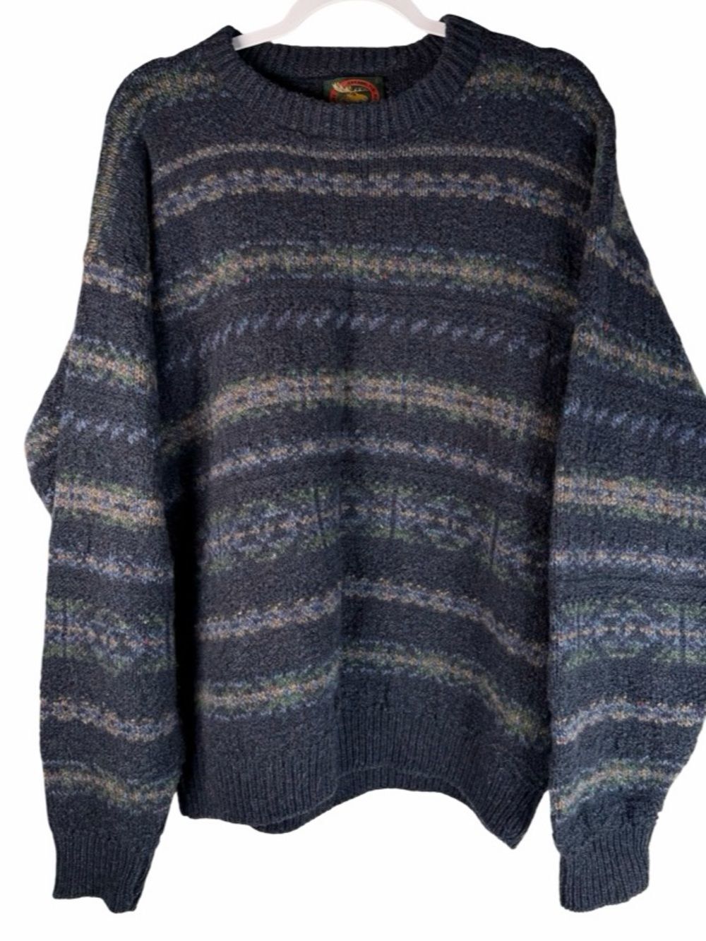 Alps Vintage 1990s Navy Blue Wool Fair Isle Stripe Knit Crewneck Sweater Large